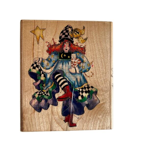 Stamp Quirky Witch and Cat Alma Lynne Inkadoo Large Wood Block Vintage 3.5 x 4 - Picture 1 of 5